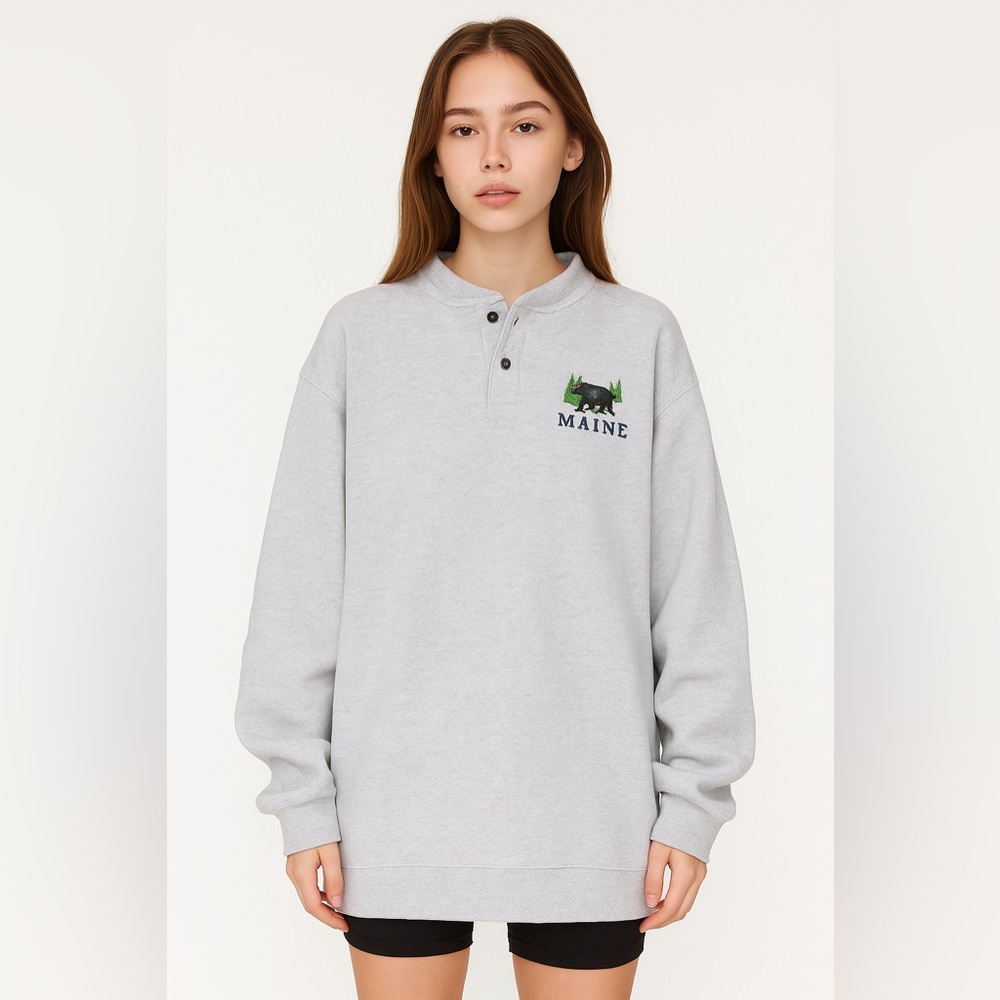 Maine Black Bear Henley Sweatshirt – Unisex Oversized, Men’s M / Women’s L-XL